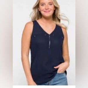 Fortune & Ivy Lighton Zip Mixed Media Sleeveless Blouse Navy Blue Women's Size S